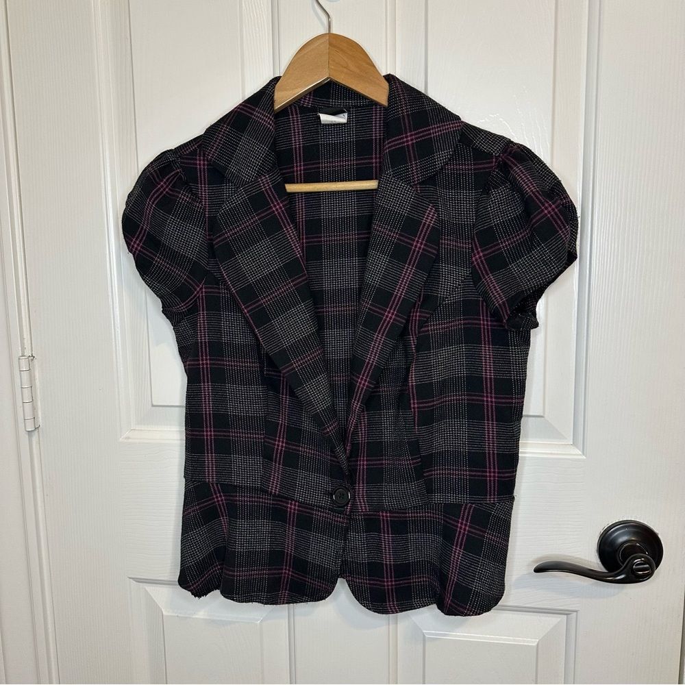 Y2K Toy Box Black Pink Plaid Short Sleeve Blazer Vest Sz M Dark Academia Grunge